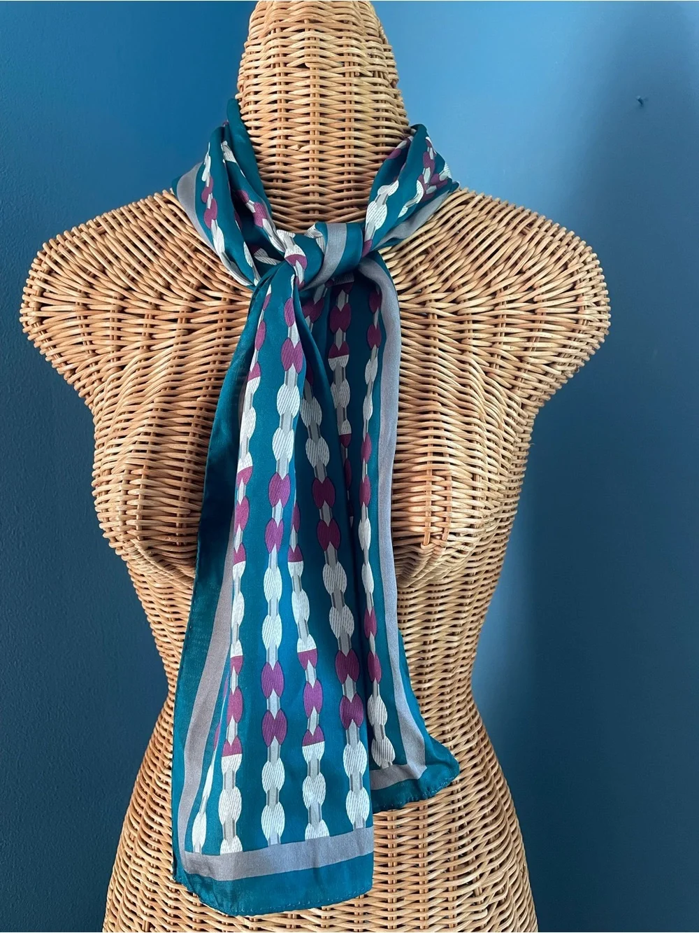 Elaine Gold Vintage Oblong Scarf Teal Plum GreyGeometric Pattern 10x50 inches